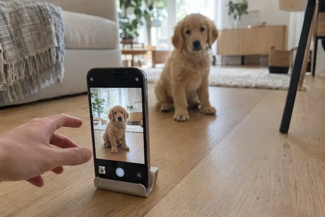 A hand setting an iPhone into a small stand on the floor, facing a puppy