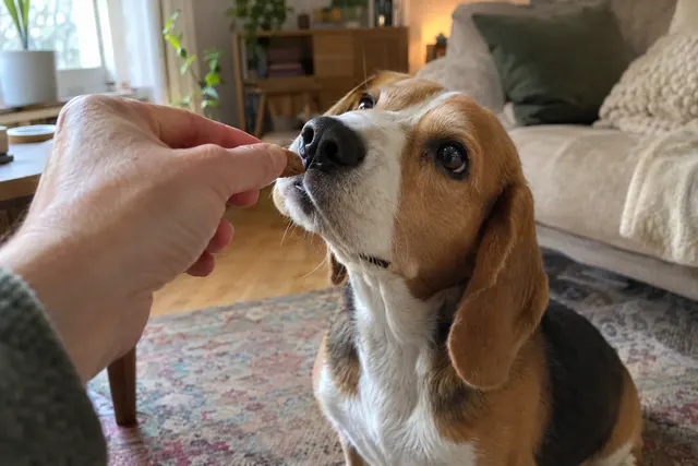 A hand giving a treat to a sitting beagle