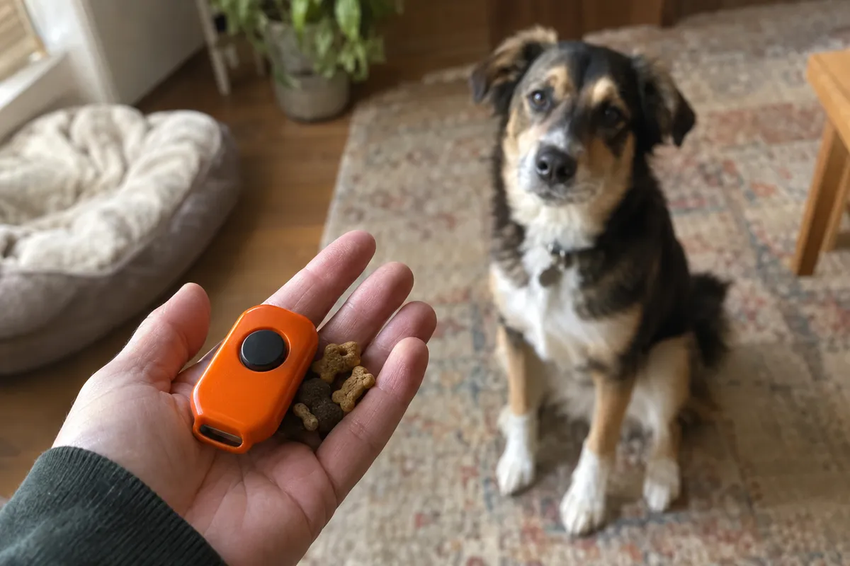 A hand holding an orange box clicker and a few small treats, with a sitting dog out of focus in the background