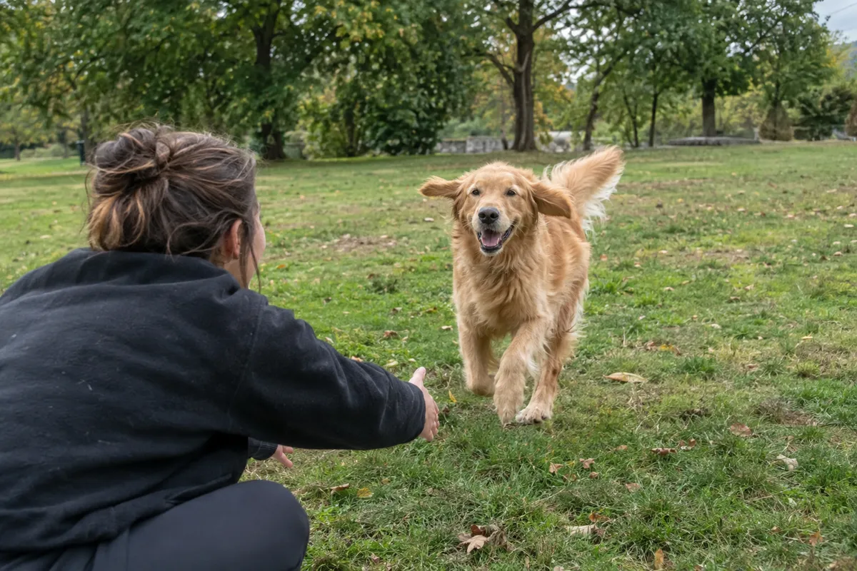 A golden retriever running across a park lawn toward its owner, who is crouched low with open arms.