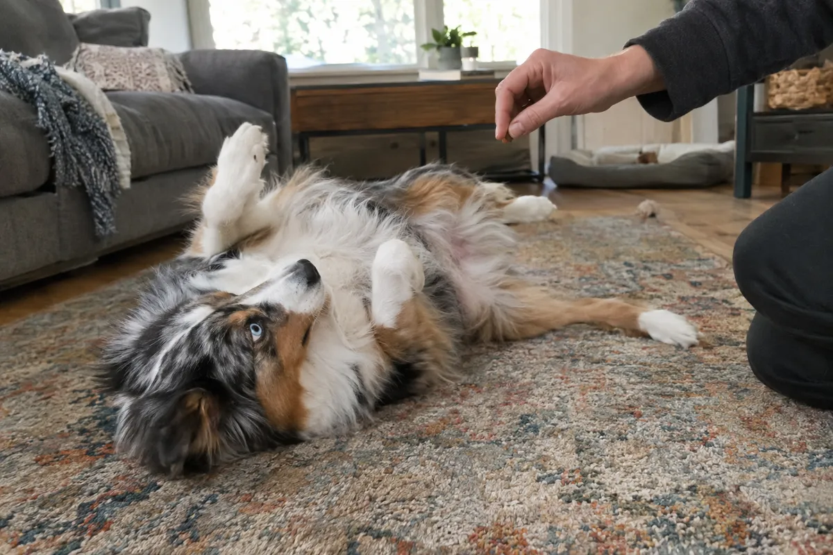 An Australian Shepherd rolling over on a rug while its owner guides it with a treat