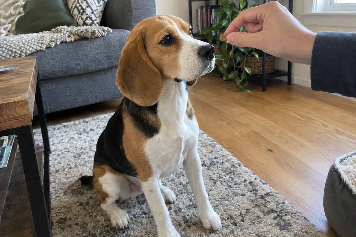 A beagle sitting on the floor and looking up at its owner's hand, which holds a small treat just above its nose.