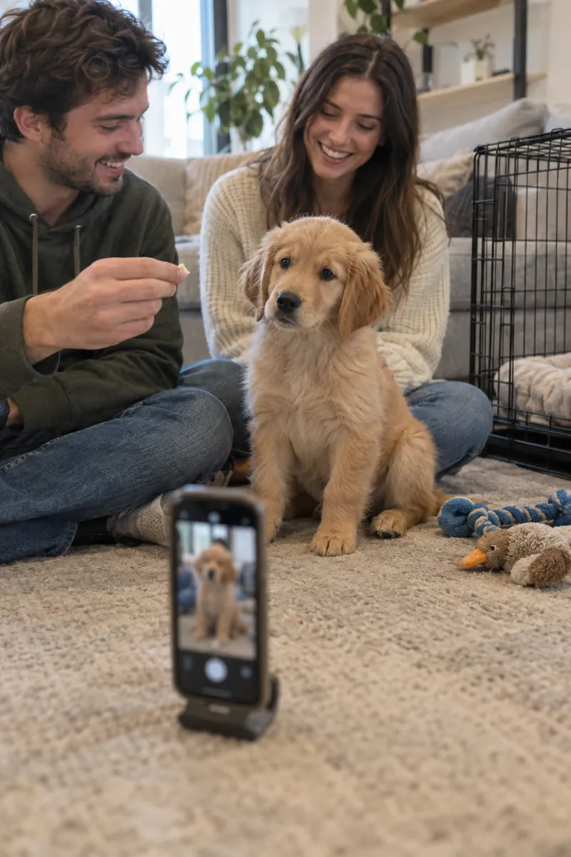 A couple sitting on the floor with a golden puppy sitting between them, and a phone on a small stand in the foreground pointed at the puppy.